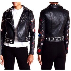 Romeo & Juliet womens L Embroidered Circle Rivet Black Faux Leather Moto Jacket